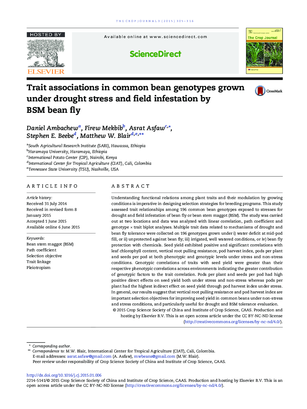 Trait associations in common bean genotypes grown under drought stress and field infestation by BSM bean fly 