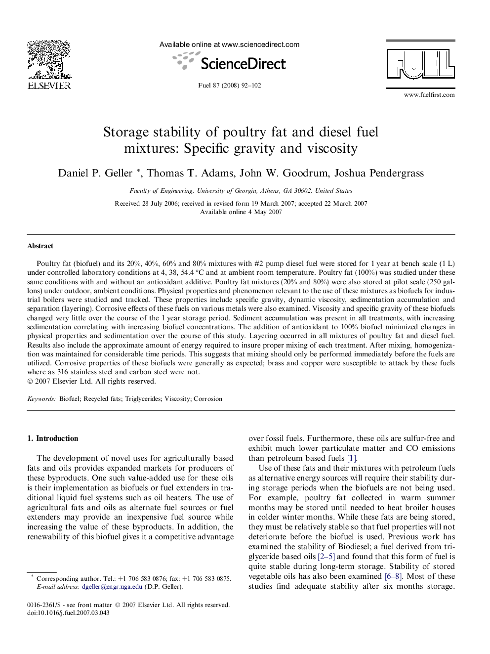 Storage stability of poultry fat and diesel fuel mixtures: Specific gravity and viscosity