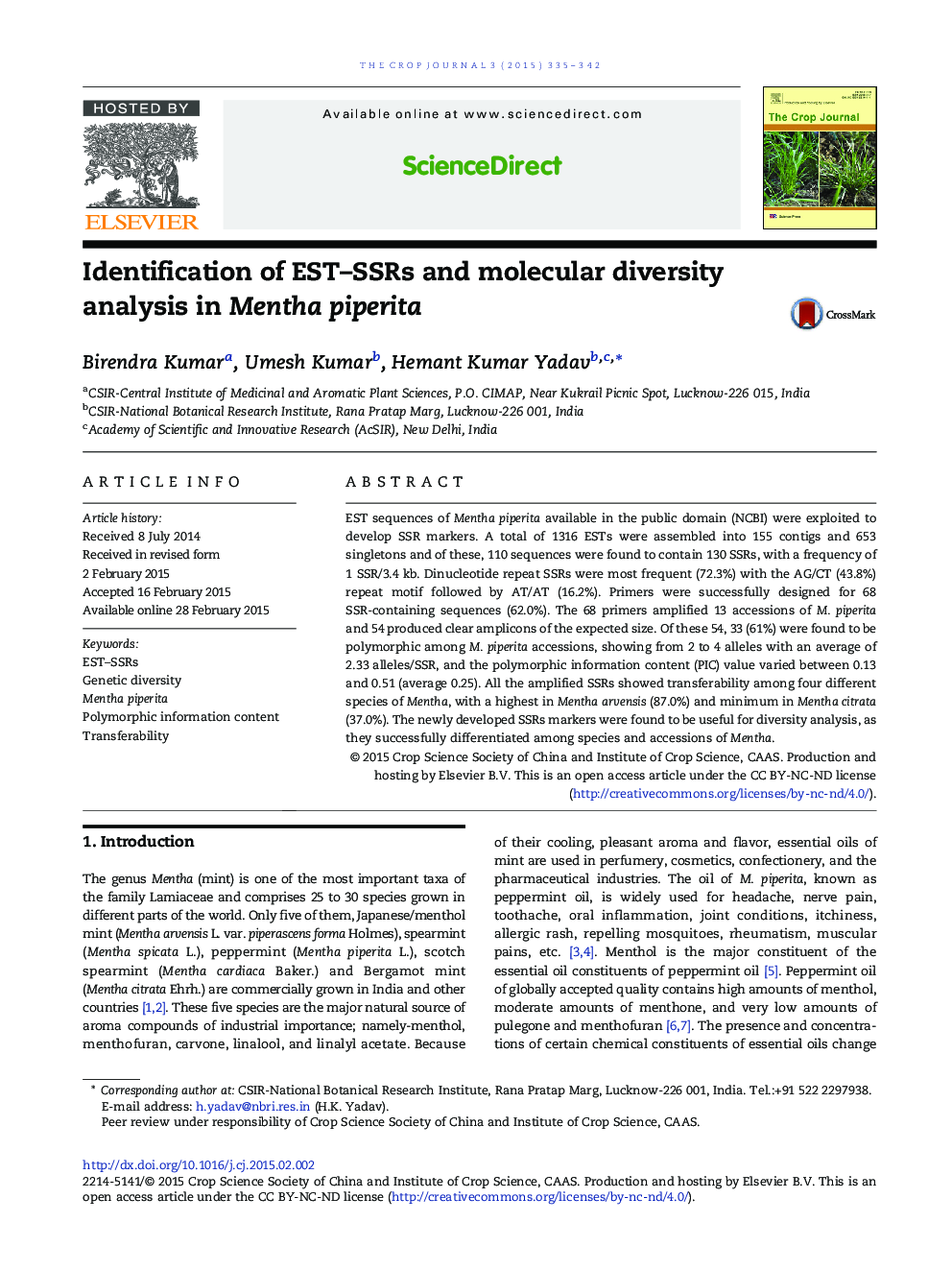 Identification of EST–SSRs and molecular diversity analysis in Mentha piperita