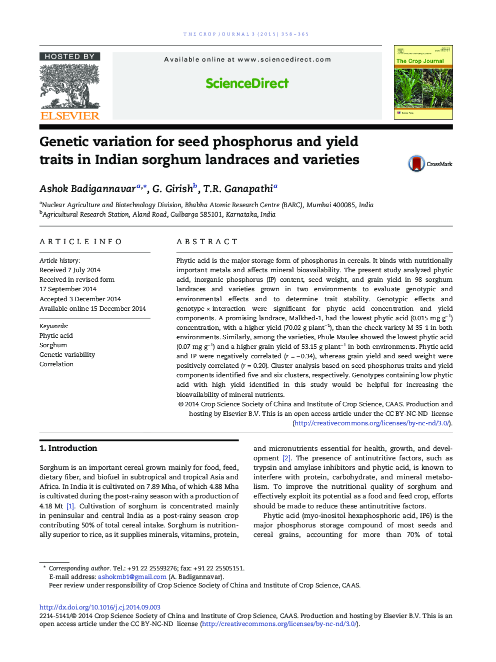 Genetic variation for seed phosphorus and yield traits in Indian sorghum landraces and varieties