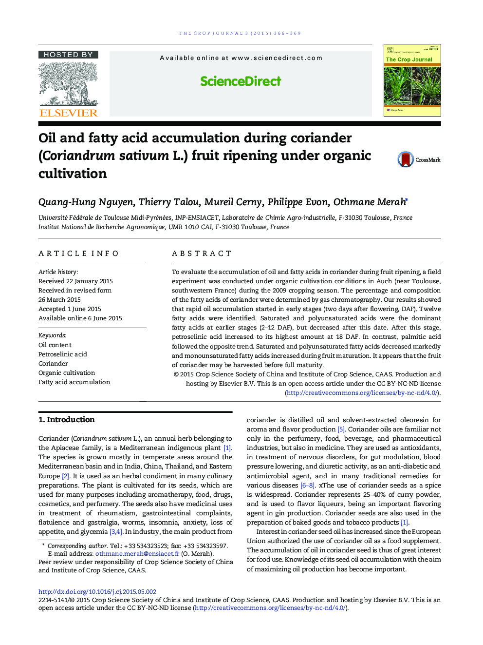 Oil and fatty acid accumulation during coriander (Coriandrum sativum L.) fruit ripening under organic cultivation 