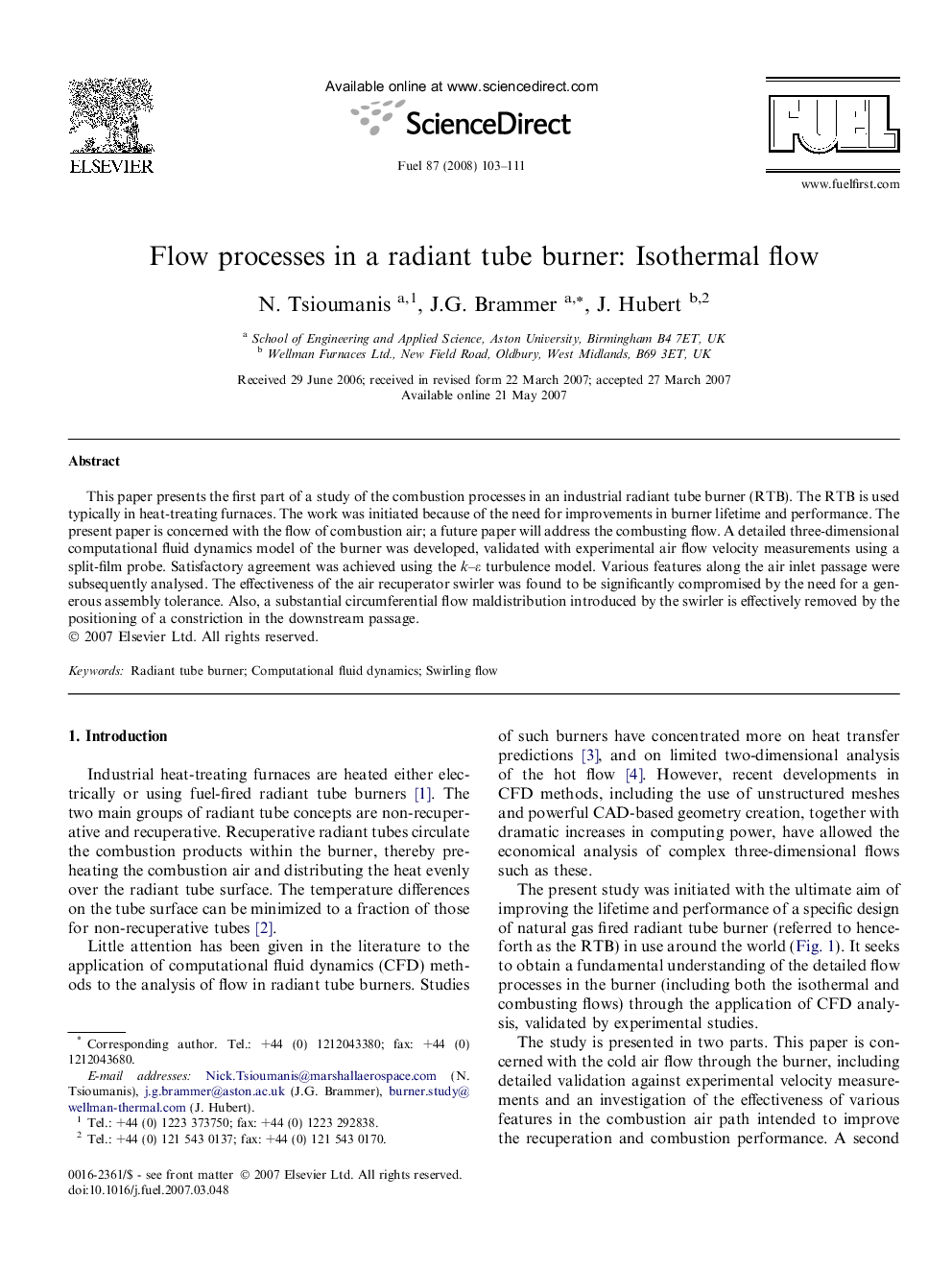 Flow processes in a radiant tube burner: Isothermal flow