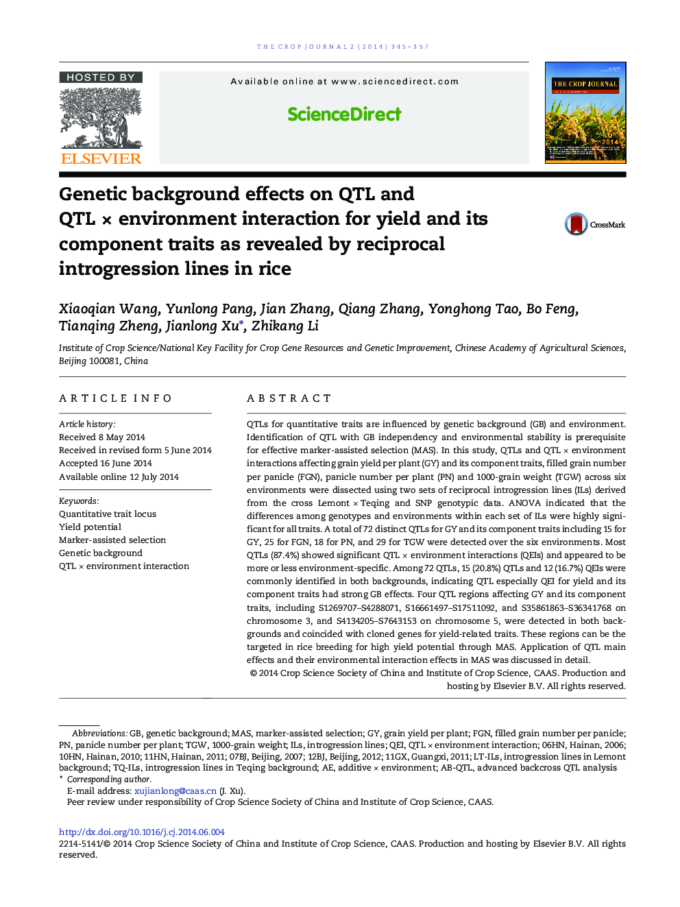 Genetic background effects on QTL and QTL × environment interaction for yield and its component traits as revealed by reciprocal introgression lines in rice 