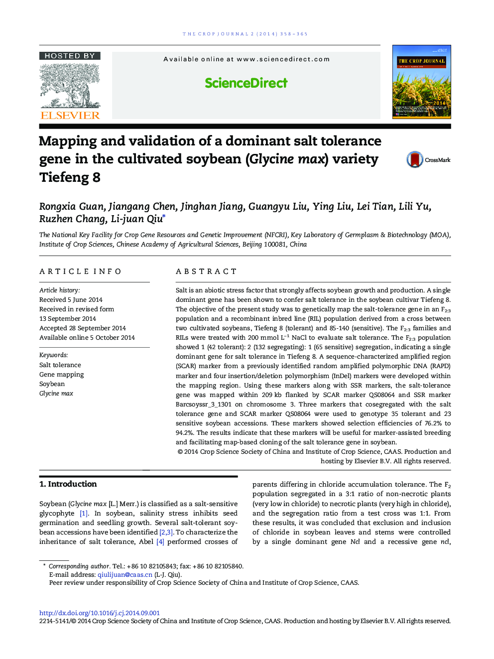 Mapping and validation of a dominant salt tolerance gene in the cultivated soybean (Glycine max) variety Tiefeng 8