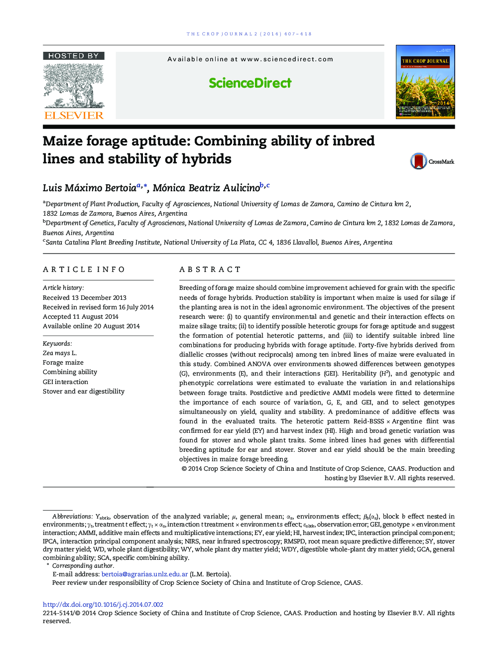 Maize forage aptitude: Combining ability of inbred lines and stability of hybrids 