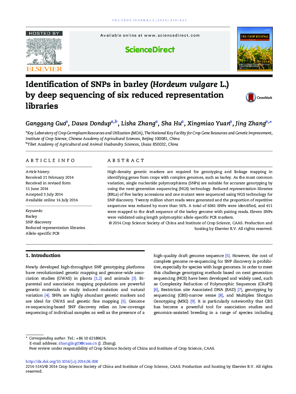 Identification of SNPs in barley (Hordeum vulgare L.) by deep sequencing of six reduced representation libraries 