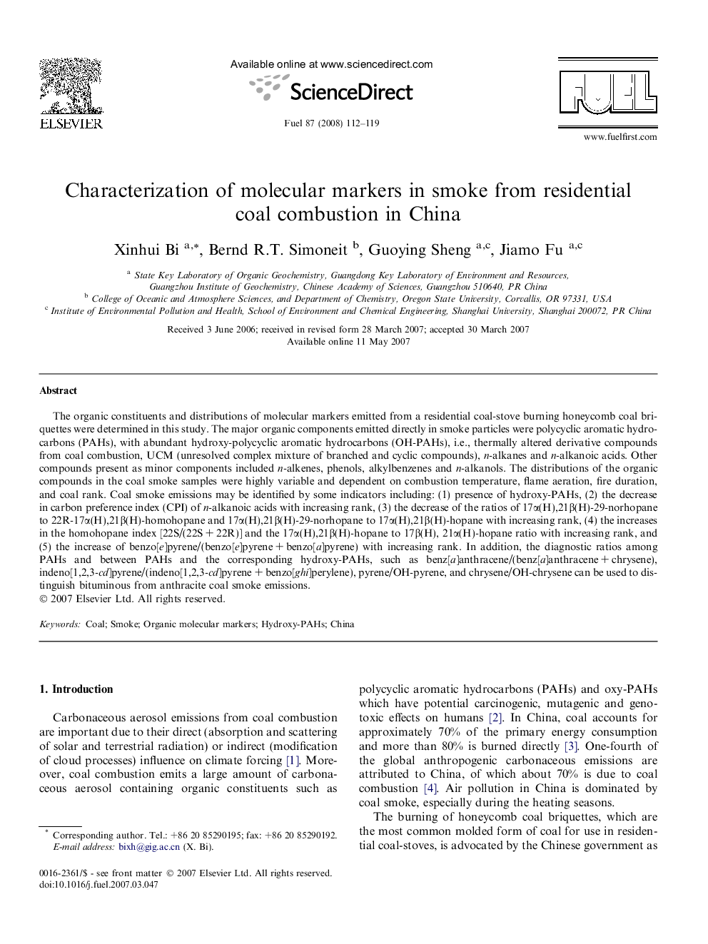 Characterization of molecular markers in smoke from residential coal combustion in China