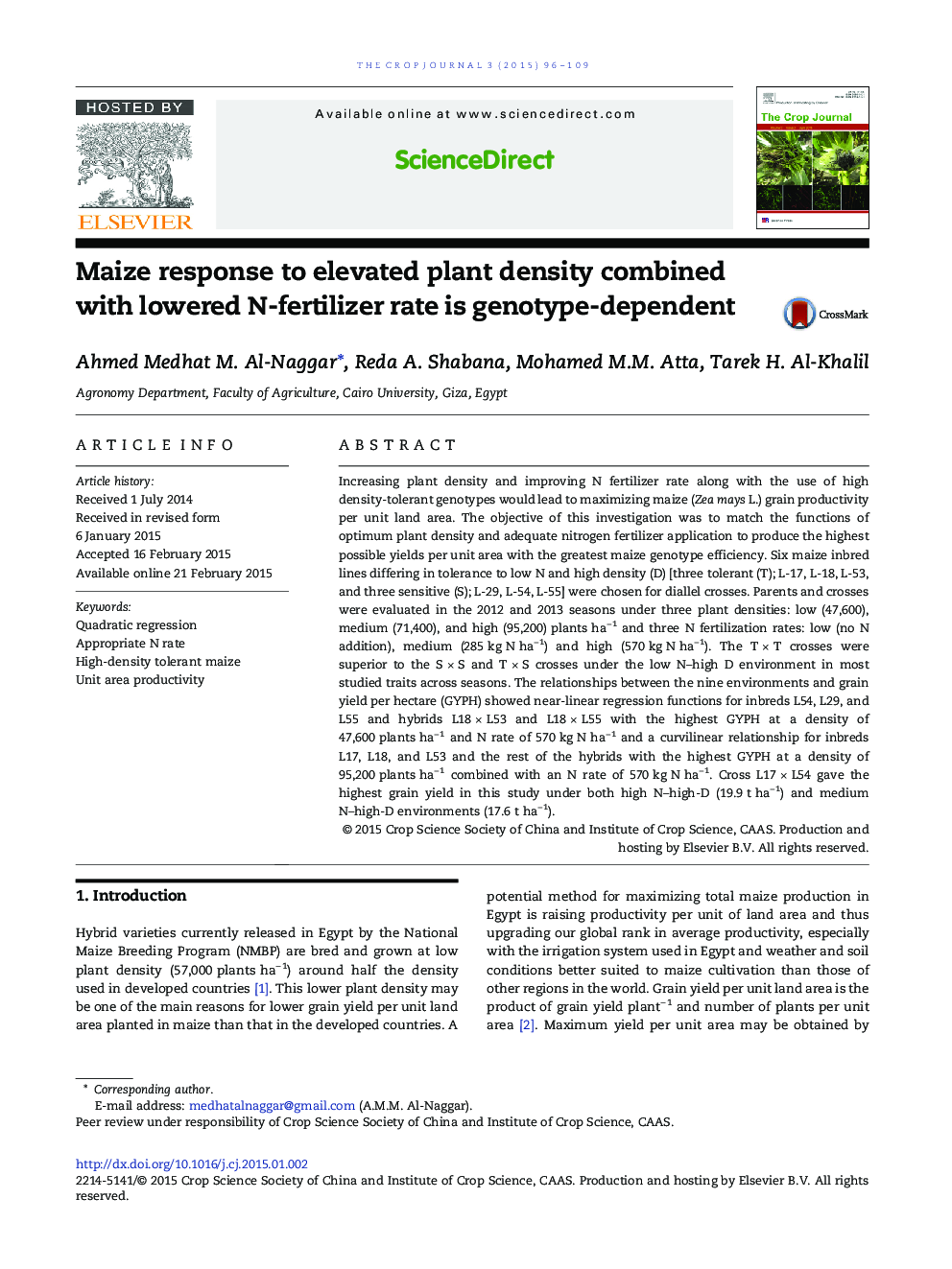 Maize response to elevated plant density combined with lowered N-fertilizer rate is genotype-dependent