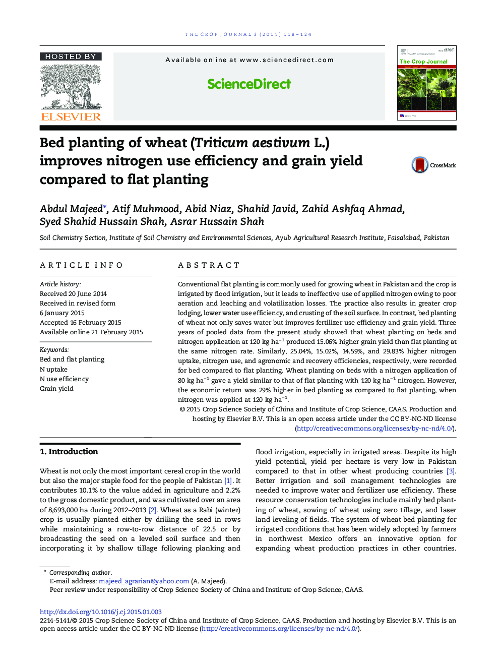 Bed planting of wheat (Triticum aestivum L.) improves nitrogen use efficiency and grain yield compared to flat planting