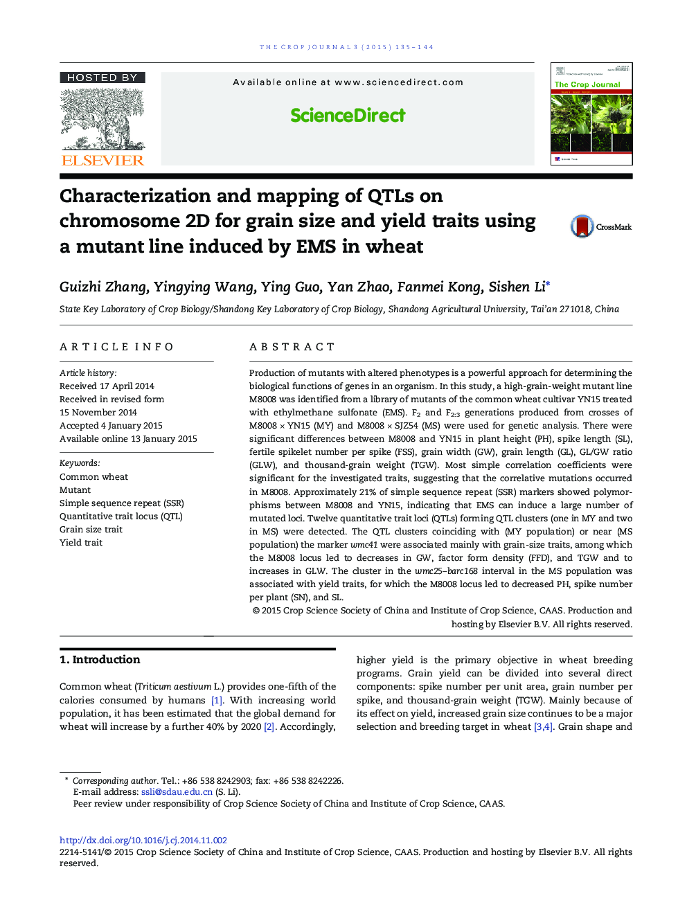 Characterization and mapping of QTLs on chromosome 2D for grain size and yield traits using a mutant line induced by EMS in wheat