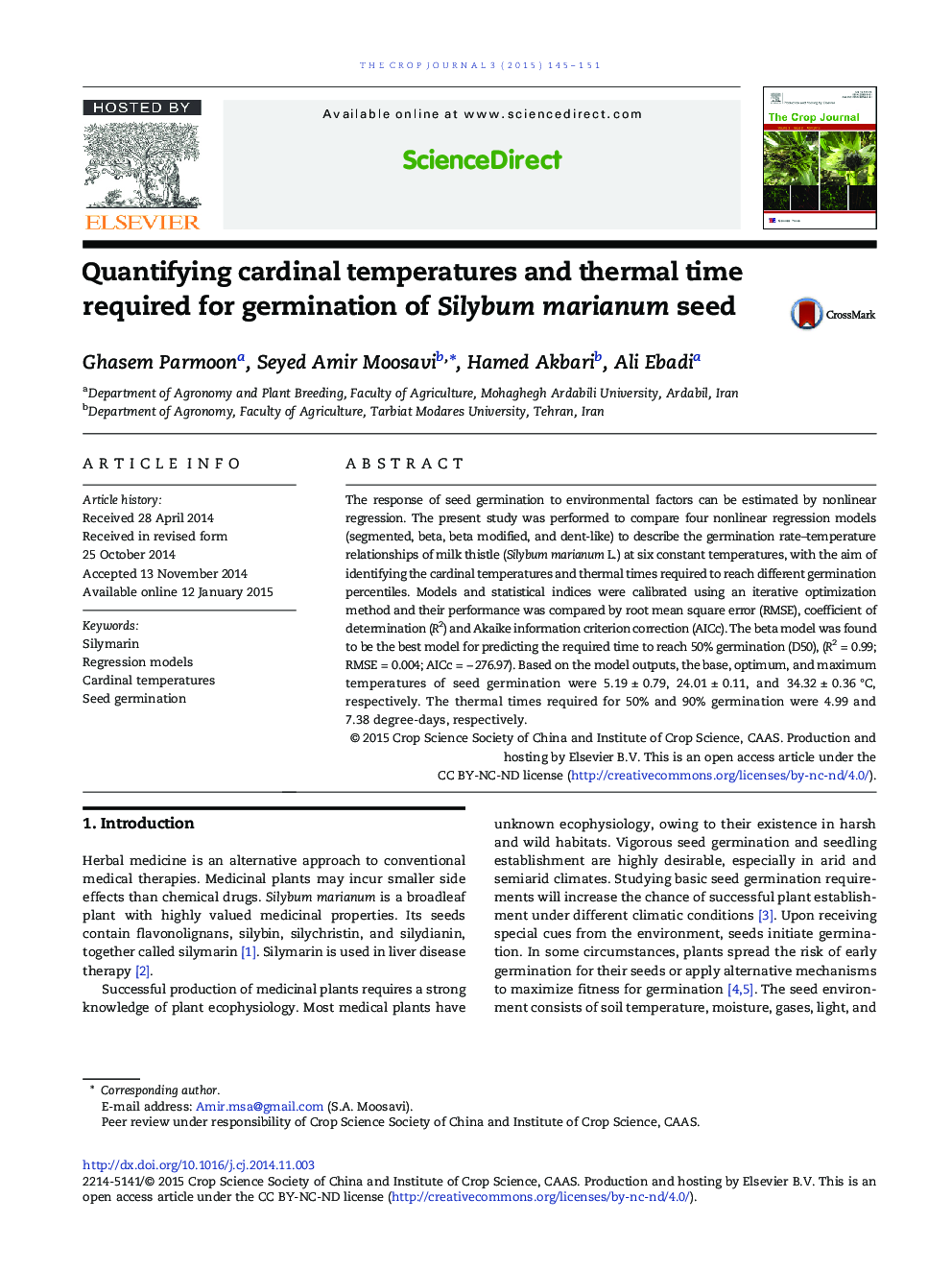 Quantifying cardinal temperatures and thermal time required for germination of Silybum marianum seed