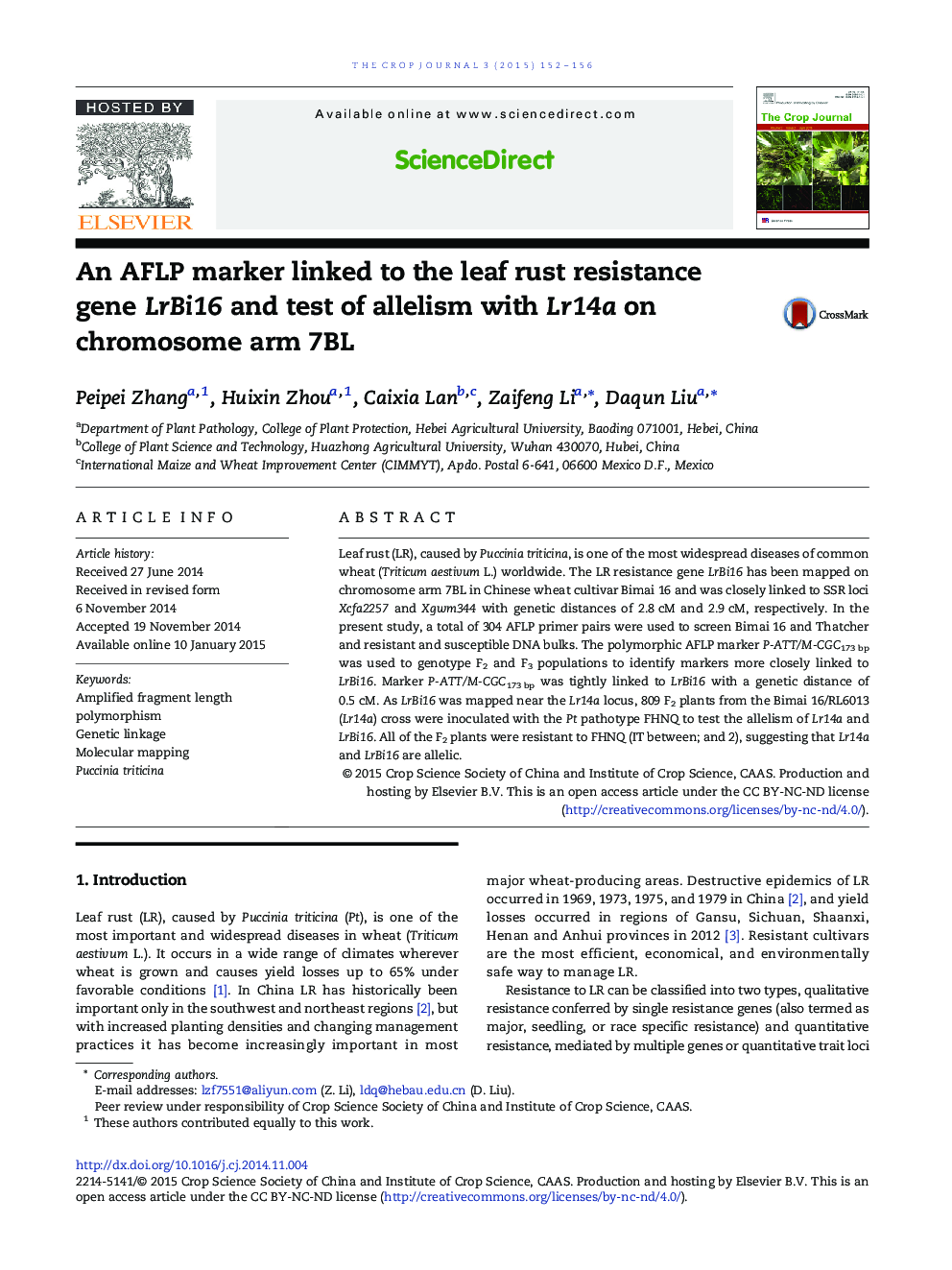 An AFLP marker linked to the leaf rust resistance gene LrBi16 and test of allelism with Lr14a on chromosome arm 7BL