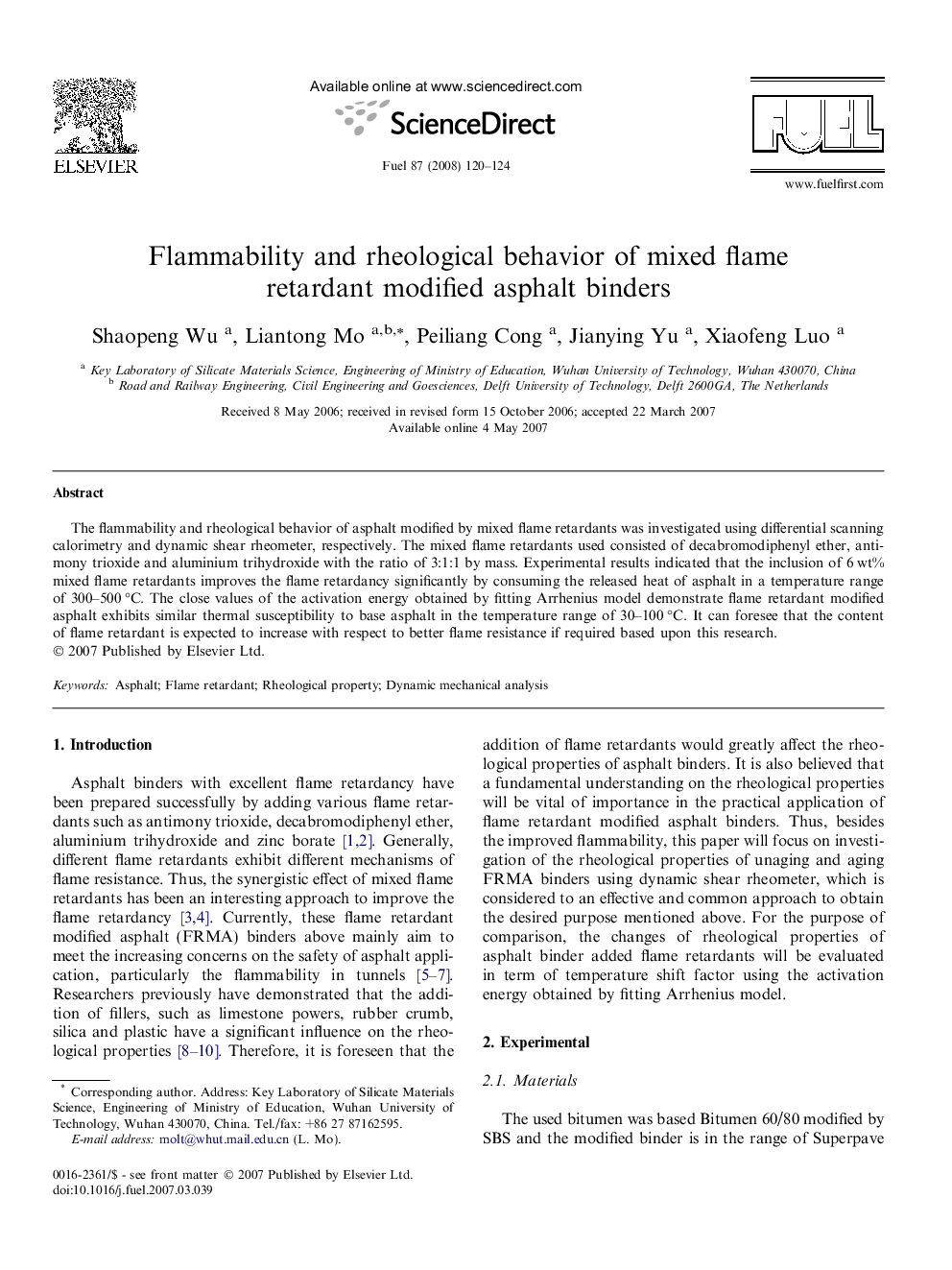 Flammability and rheological behavior of mixed flame retardant modified asphalt binders