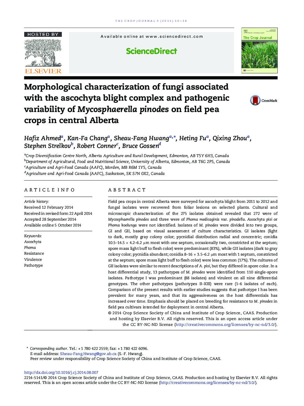 Morphological characterization of fungi associated with the ascochyta blight complex and pathogenic variability of Mycosphaerella pinodes on field pea crops in central Alberta