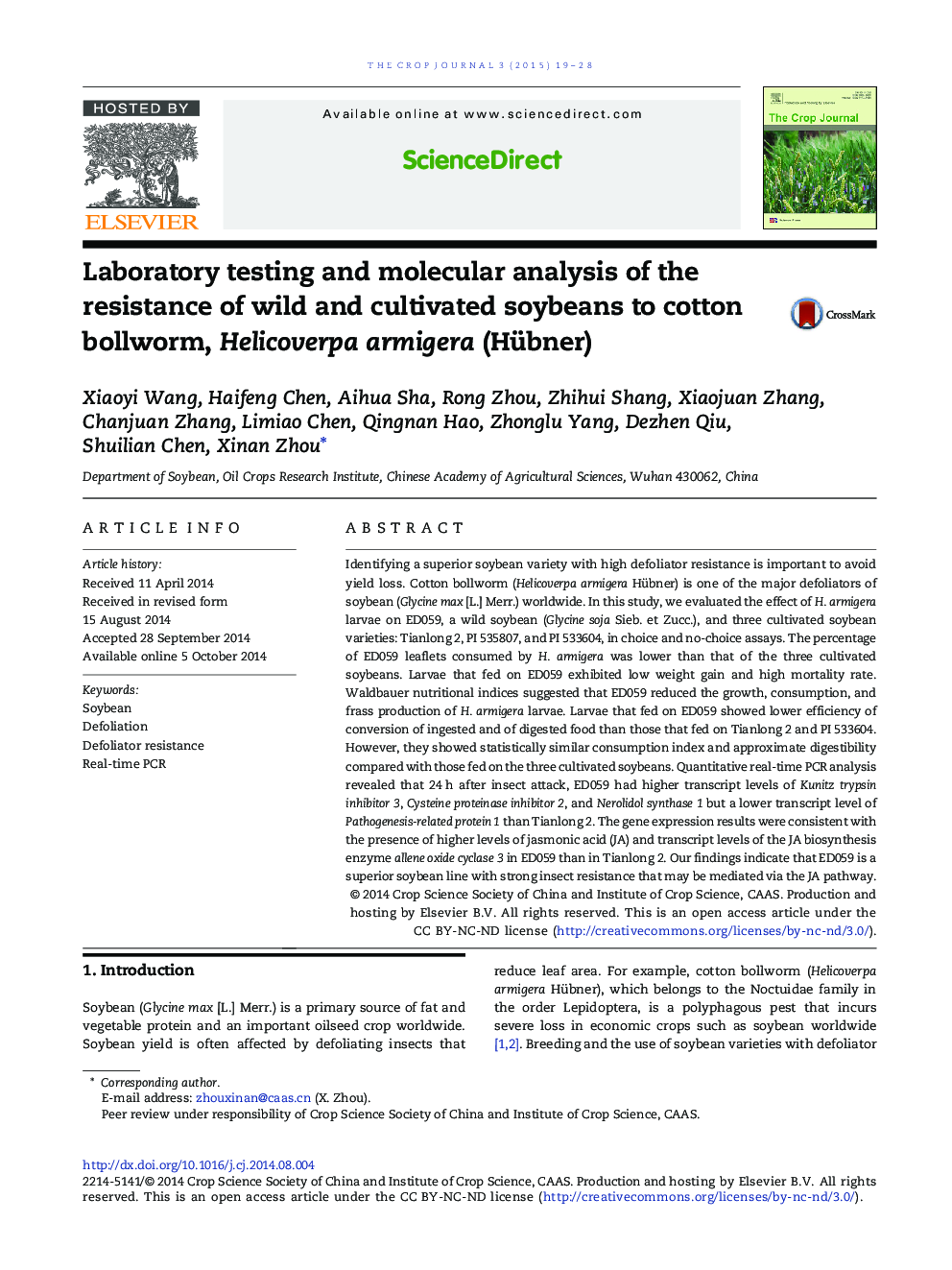 Laboratory testing and molecular analysis of the resistance of wild and cultivated soybeans to cotton bollworm, Helicoverpa armigera (Hübner)