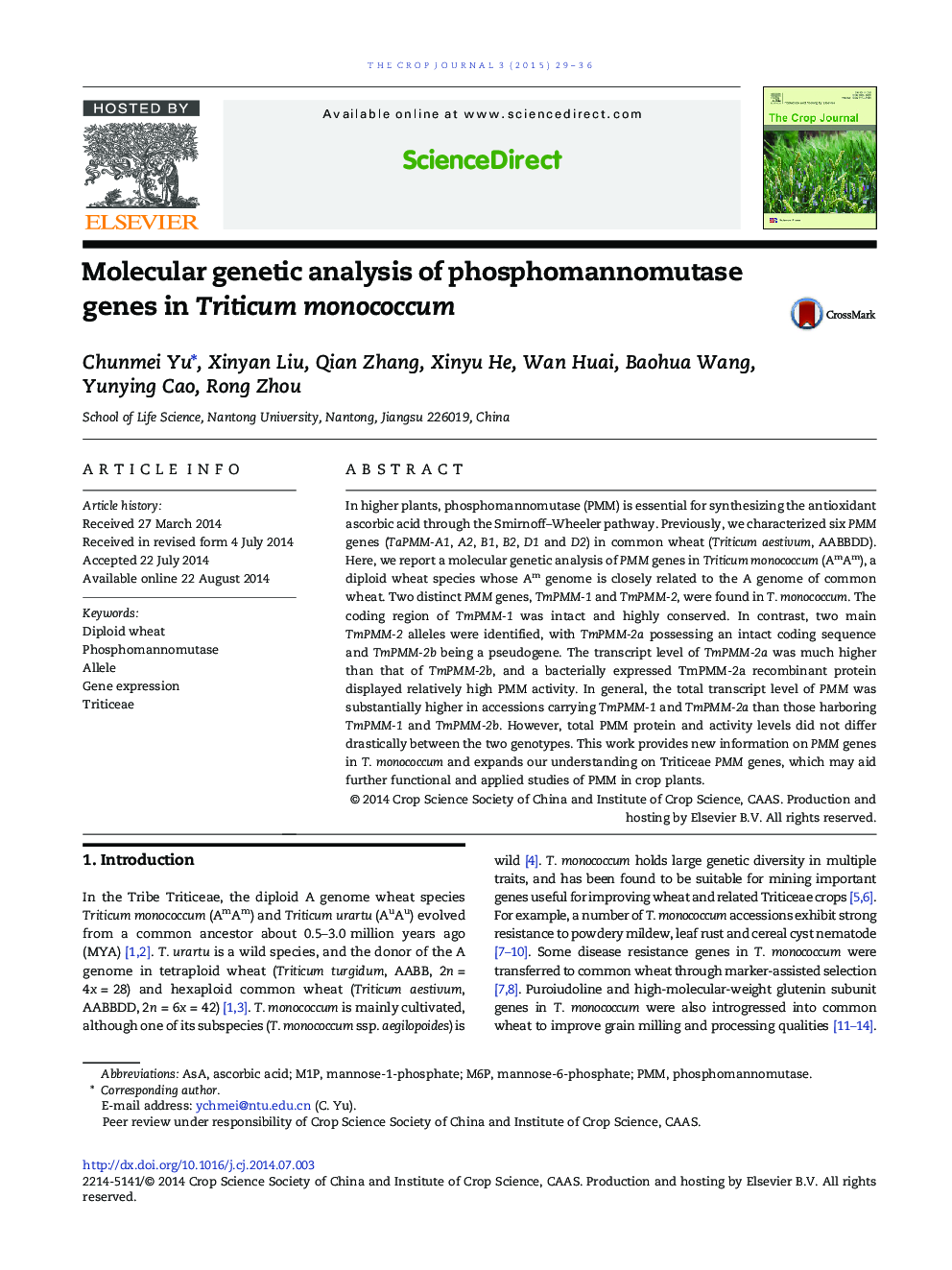 Molecular genetic analysis of phosphomannomutase genes in Triticum monococcum 