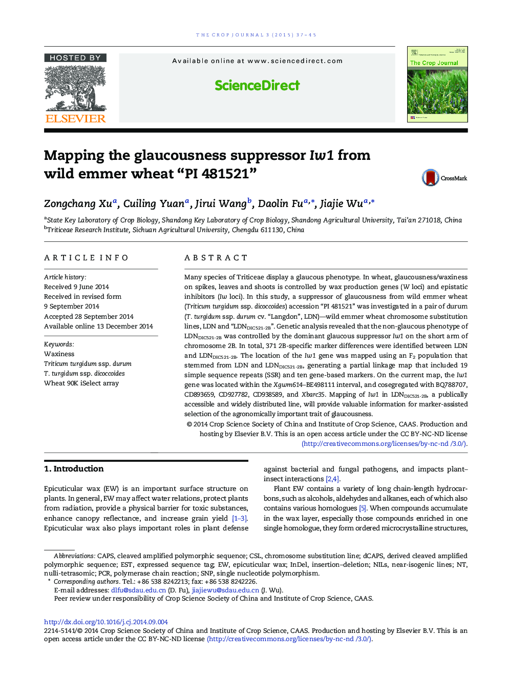 Mapping the glaucousness suppressor Iw1 from wild emmer wheat “PI 481521”