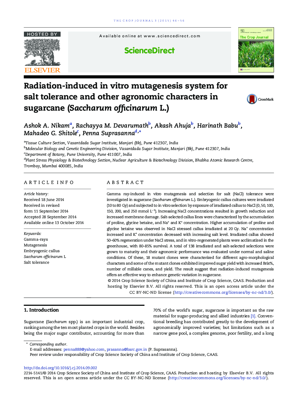 Radiation-induced in vitro mutagenesis system for salt tolerance and other agronomic characters in sugarcane (Saccharum officinarum L.)