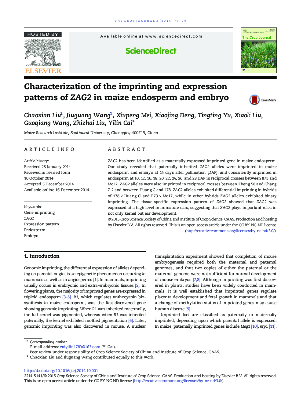 Characterization of the imprinting and expression patterns of ZAG2 in maize endosperm and embryo