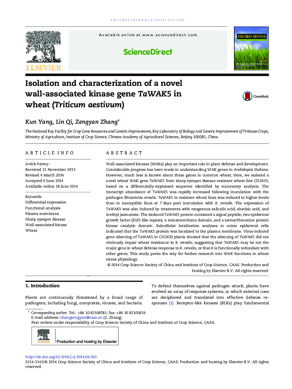 Isolation and characterization of a novel wall-associated kinase gene TaWAK5 in wheat (Triticum aestivum) 