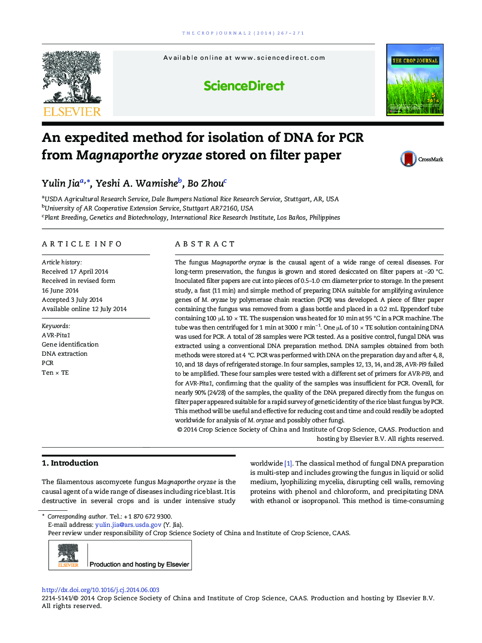 An expedited method for isolation of DNA for PCR from Magnaporthe oryzae stored on filter paper