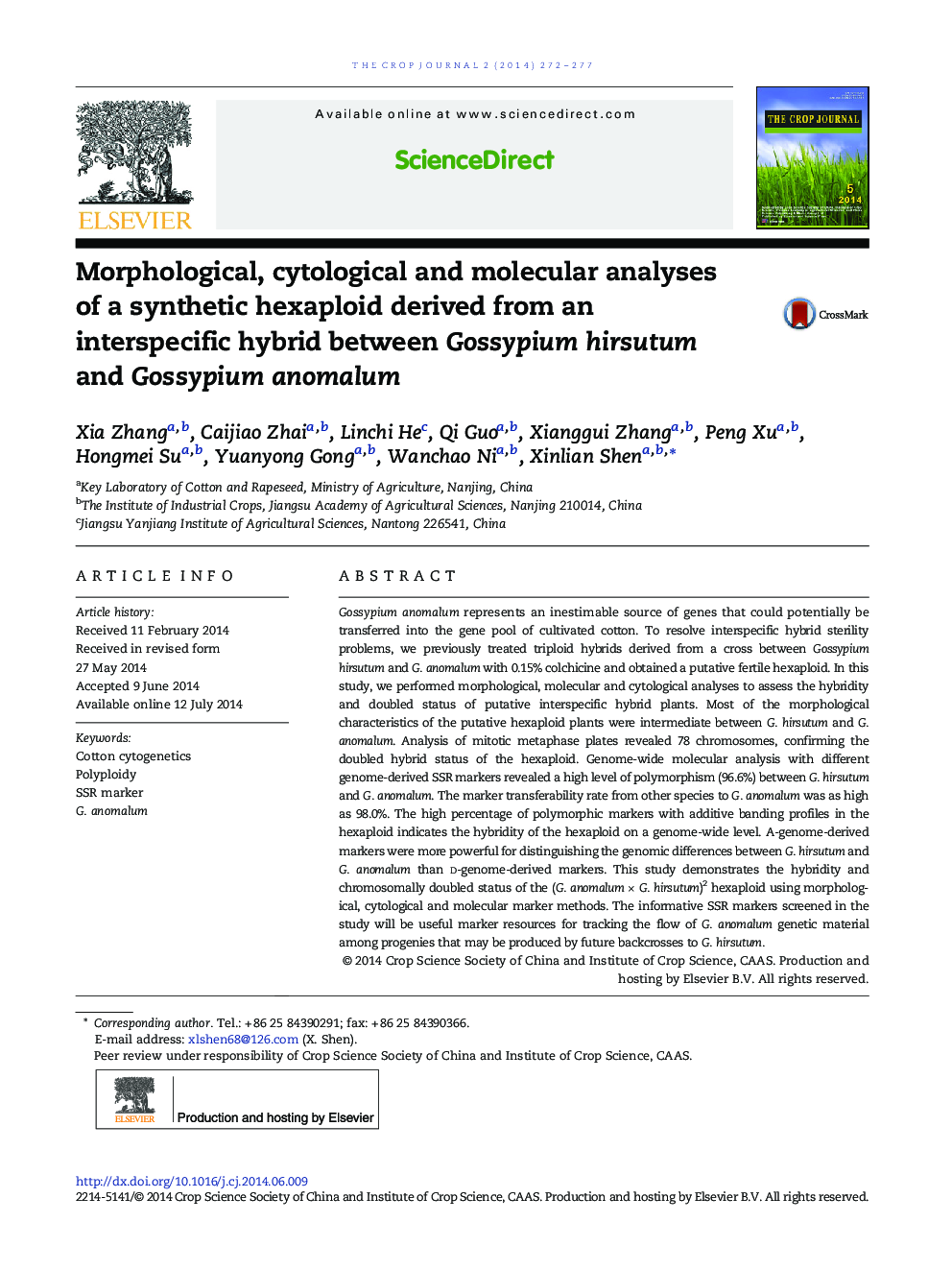 Morphological, cytological and molecular analyses of a synthetic hexaploid derived from an interspecific hybrid between Gossypium hirsutum and Gossypium anomalum 