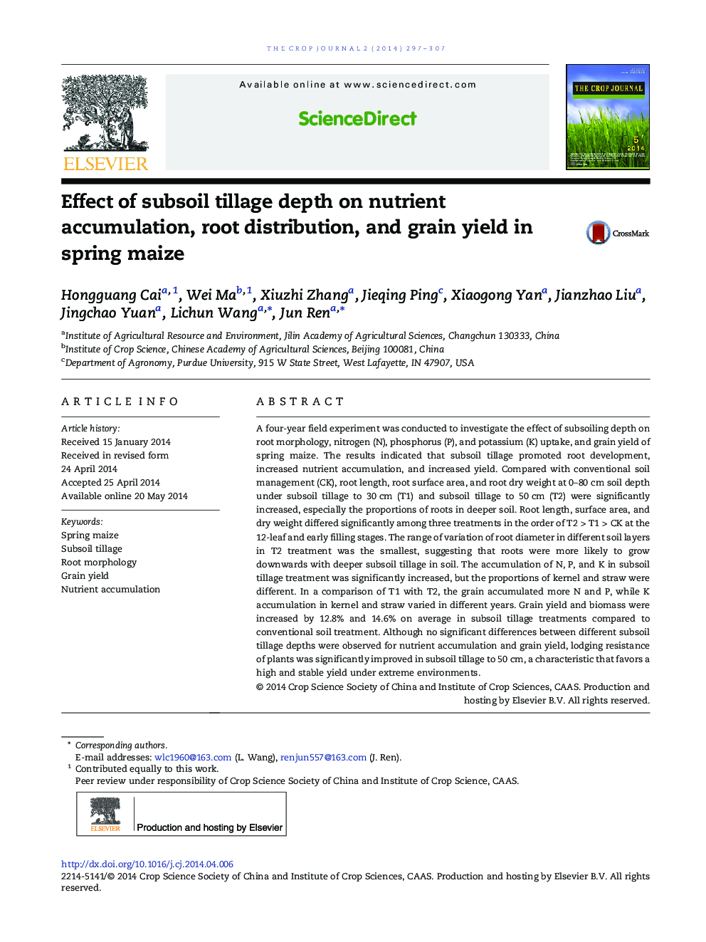 Effect of subsoil tillage depth on nutrient accumulation, root distribution, and grain yield in spring maize 
