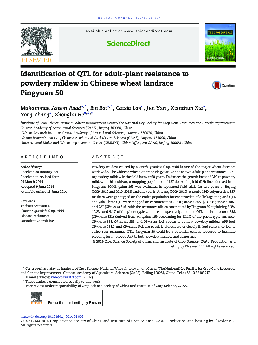 Identification of QTL for adult-plant resistance to powdery mildew in Chinese wheat landrace Pingyuan 50 