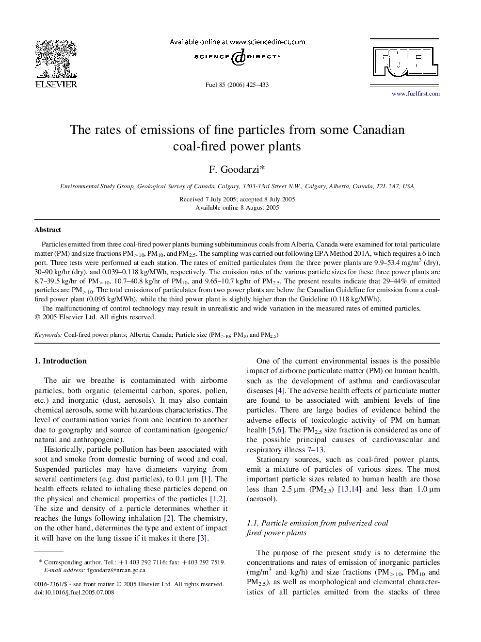 The rates of emissions of fine particles from some Canadian coal-fired power plants