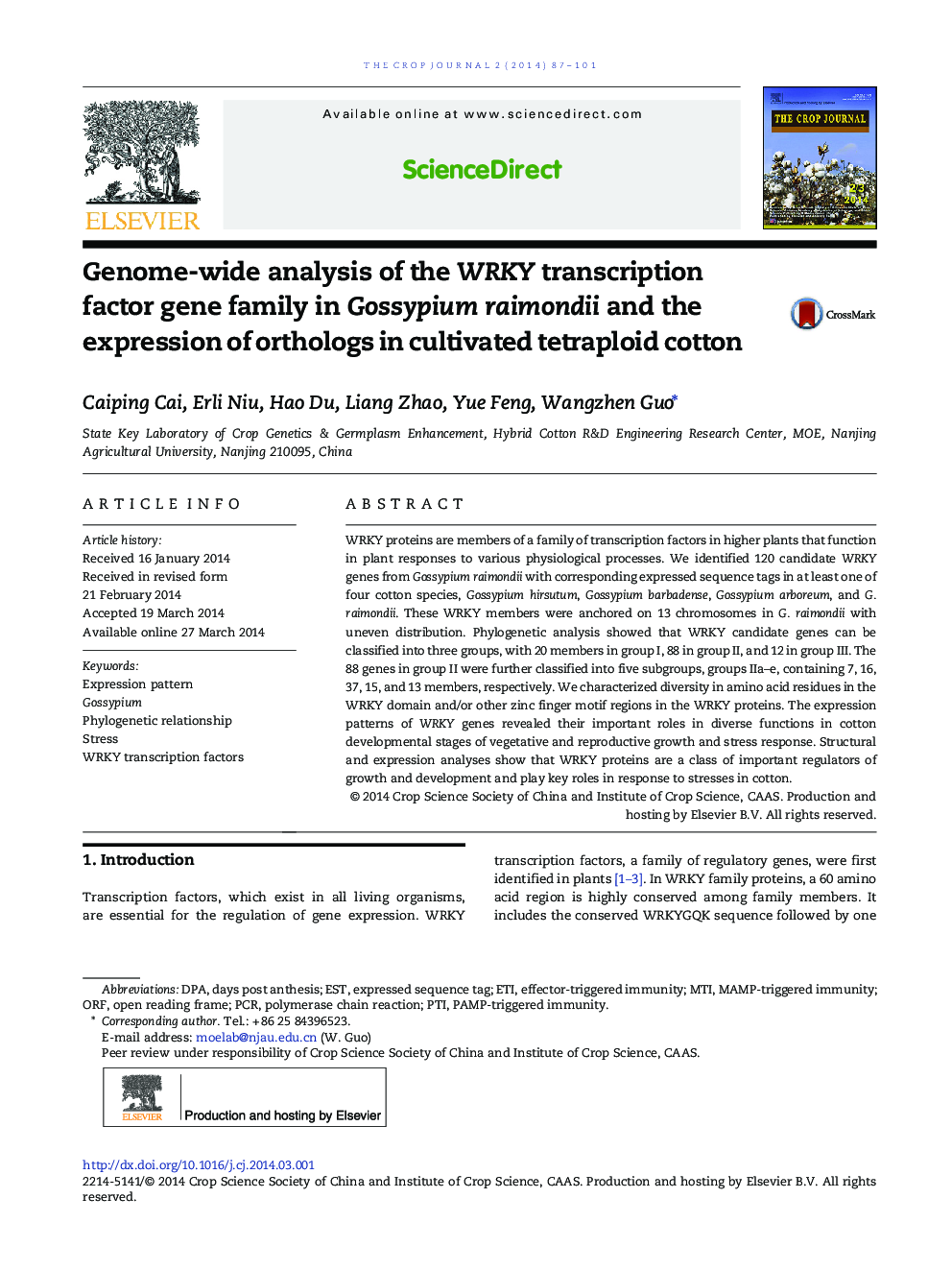 Genome-wide analysis of the WRKY transcription factor gene family in Gossypium raimondii and the expression of orthologs in cultivated tetraploid cotton 