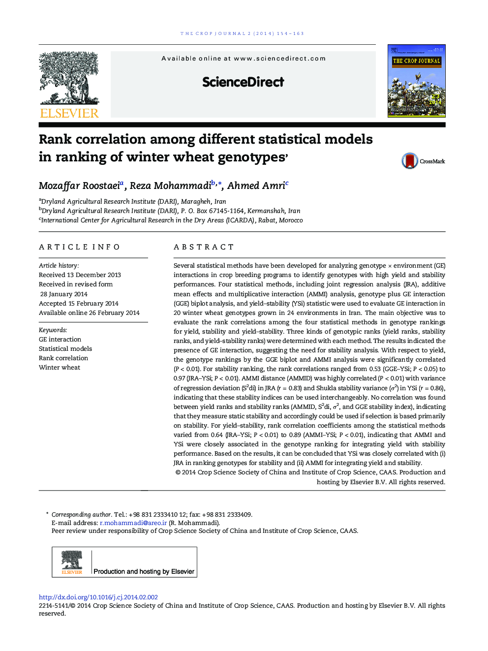 Rank correlation among different statistical models in ranking of winter wheat genotypes 