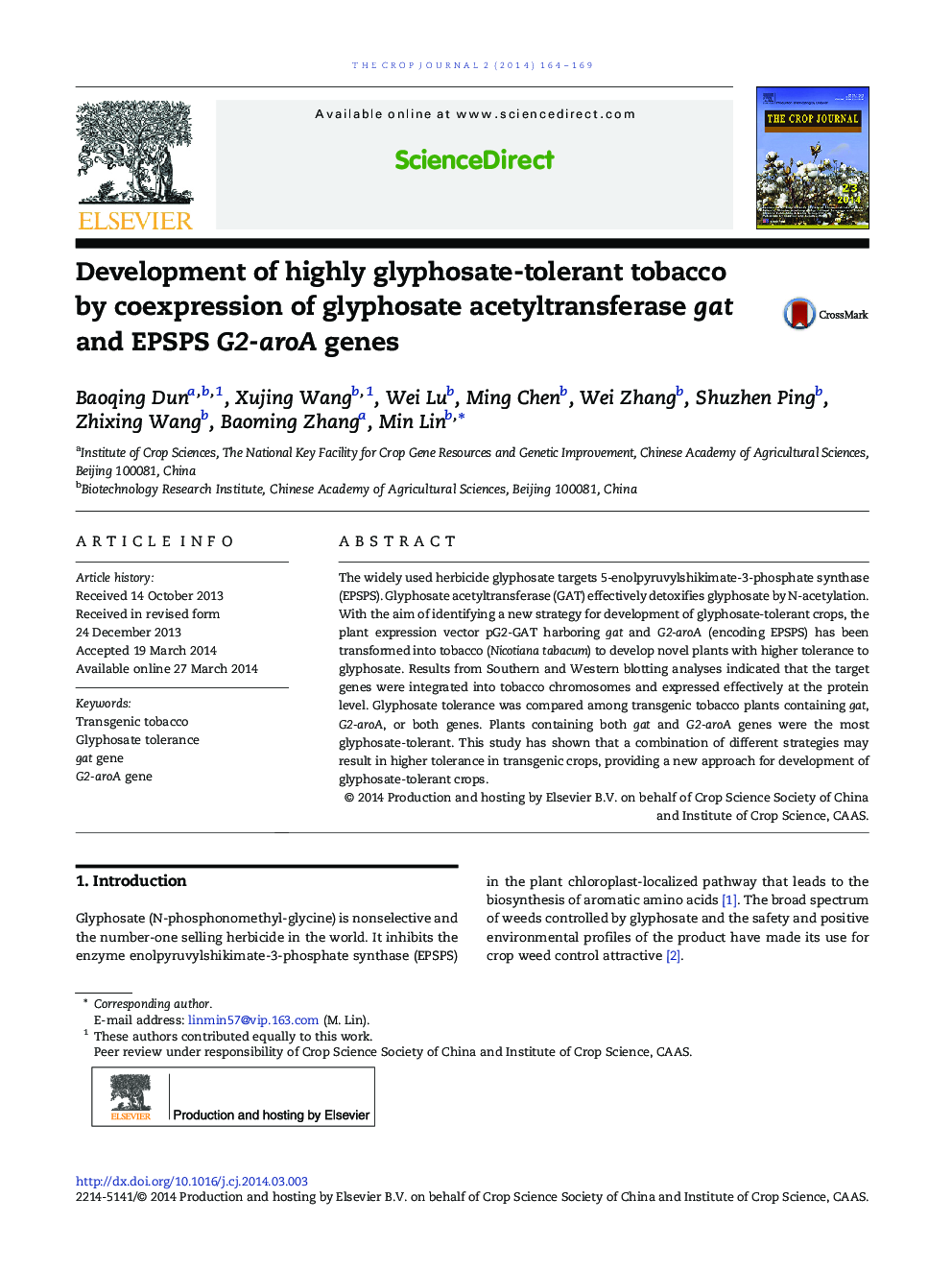 Development of highly glyphosate-tolerant tobacco by coexpression of glyphosate acetyltransferase gat and EPSPS G2-aroA genes 