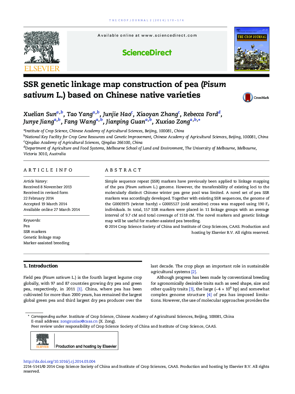 SSR genetic linkage map construction of pea (Pisum sativum L.) based on Chinese native varieties 