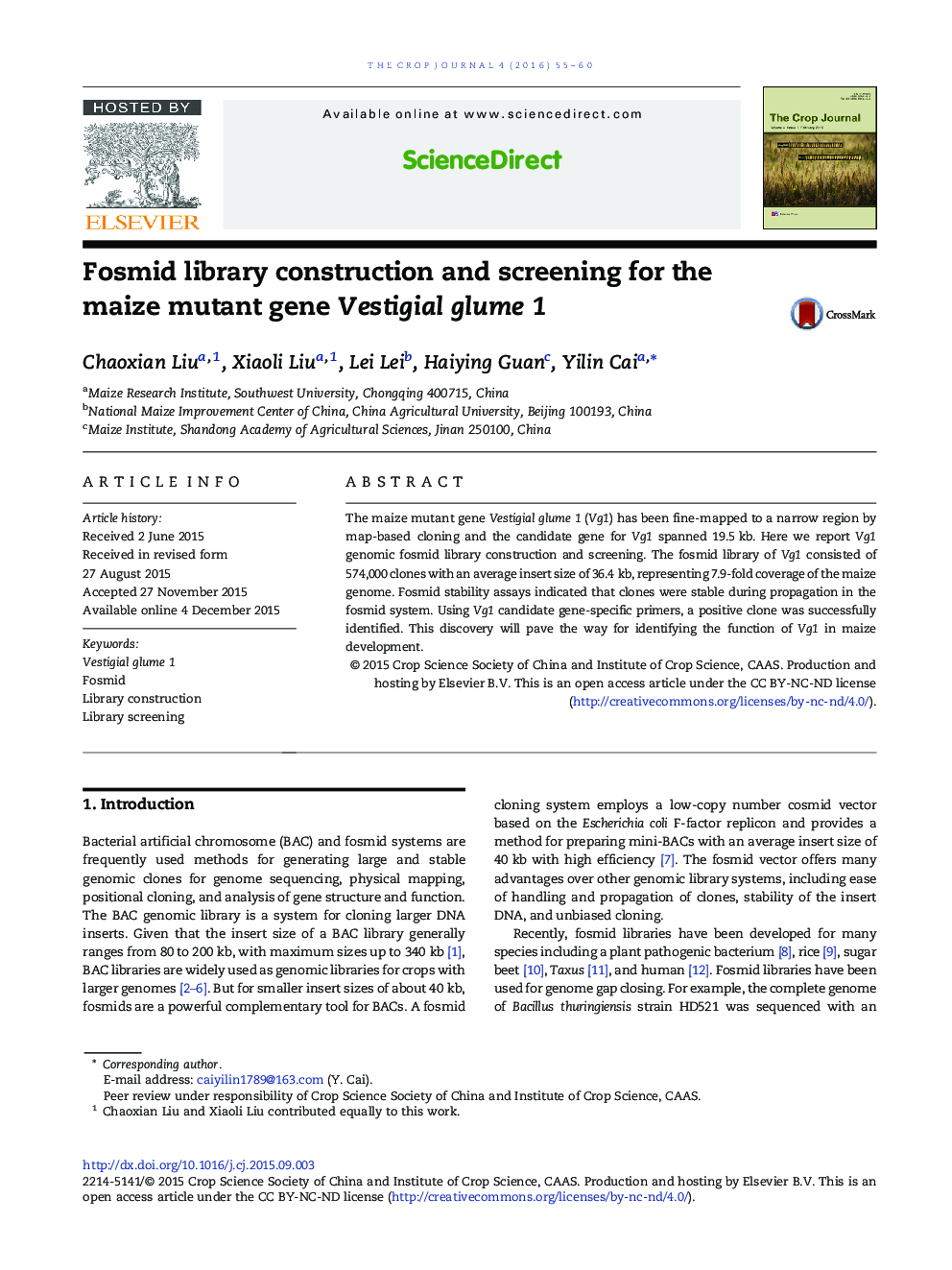 Fosmid library construction and screening for the maize mutant gene Vestigial glume 1 