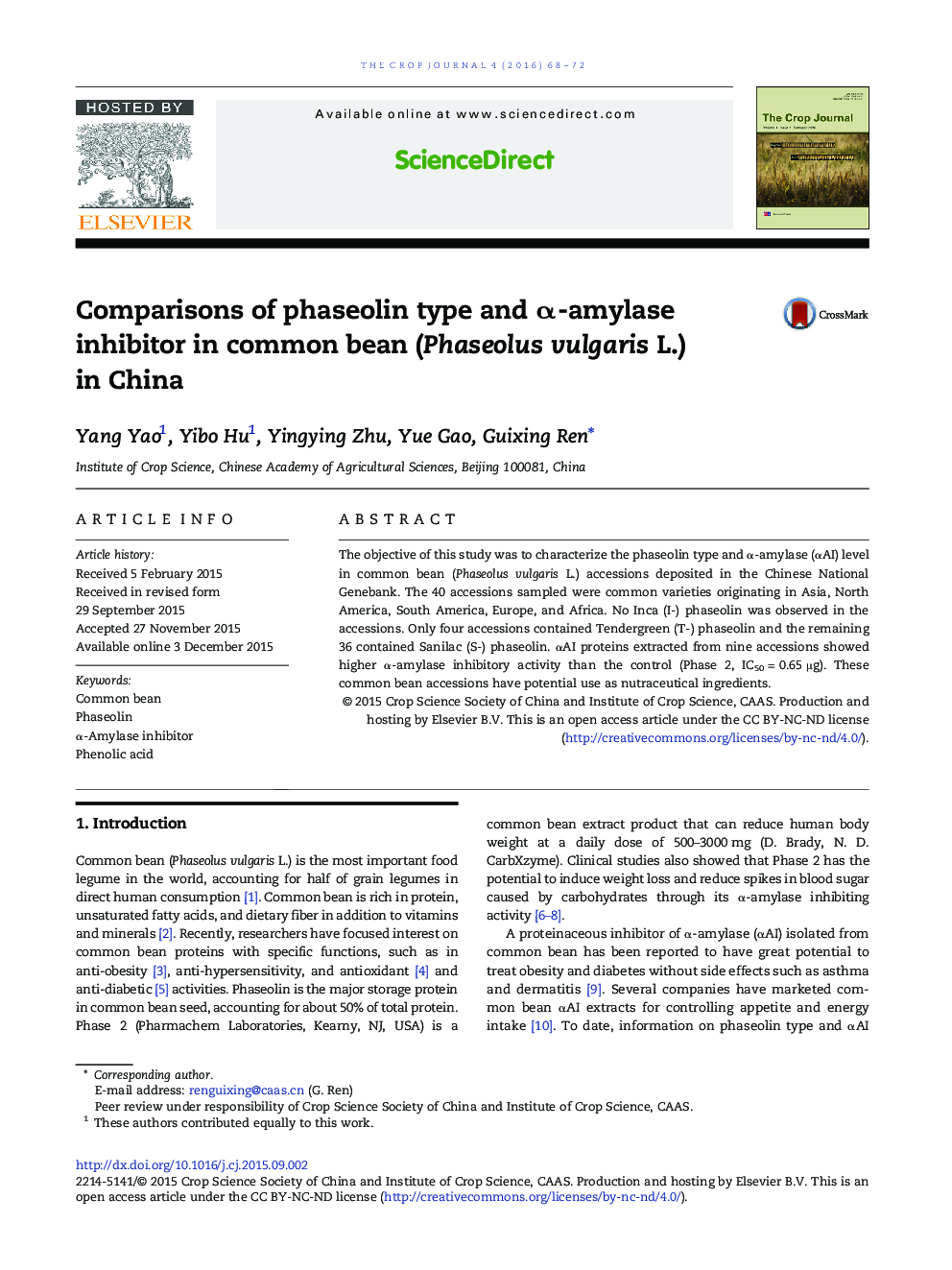 Comparisons of phaseolin type and α-amylase inhibitor in common bean (Phaseolus vulgaris L.) in China 