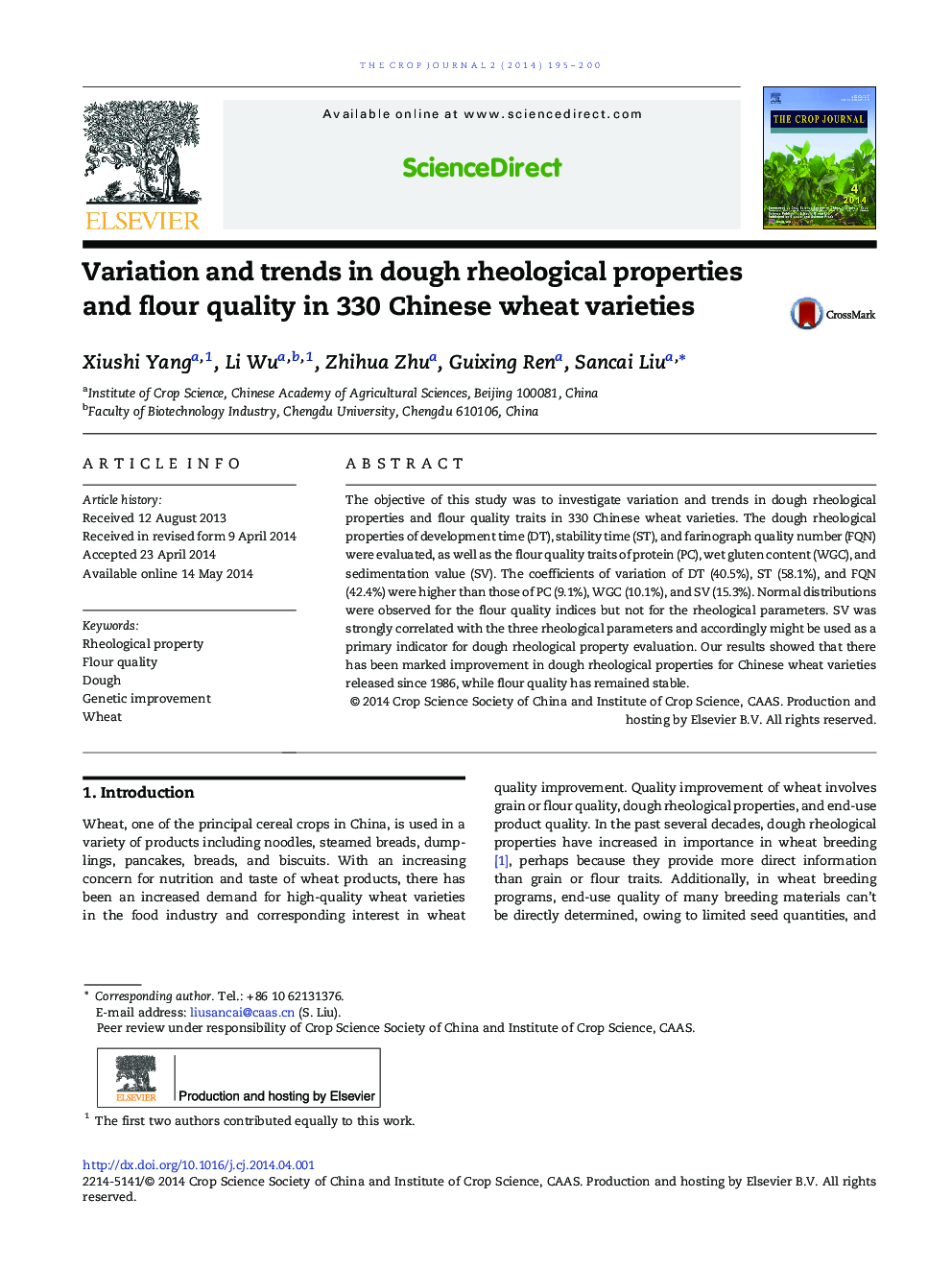 Variation and trends in dough rheological properties and flour quality in 330 Chinese wheat varieties 