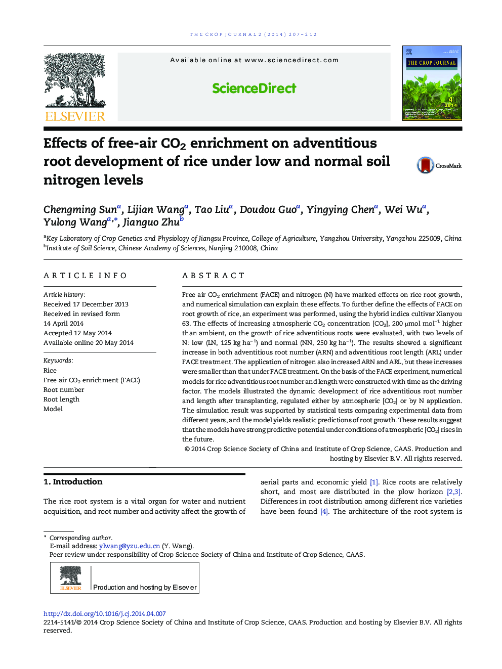 Effects of free-air CO2 enrichment on adventitious root development of rice under low and normal soil nitrogen levels 