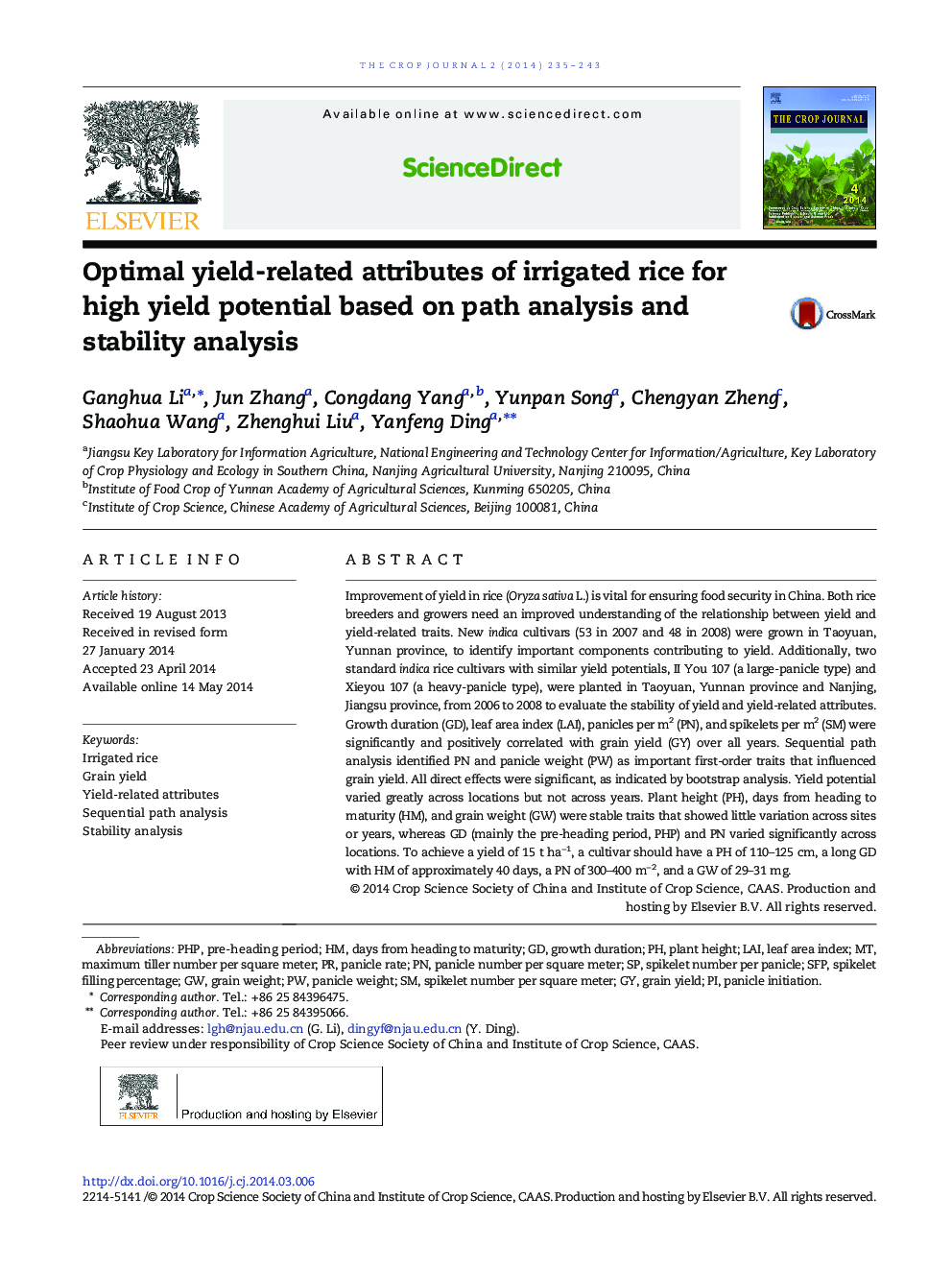 Optimal yield-related attributes of irrigated rice for high yield potential based on path analysis and stability analysis 