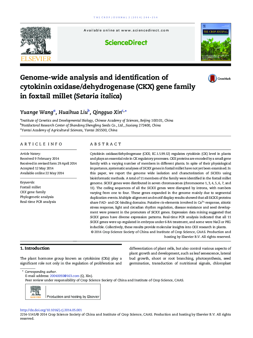 Genome-wide analysis and identification of cytokinin oxidase/dehydrogenase (CKX) gene family in foxtail millet (Setaria italica) 