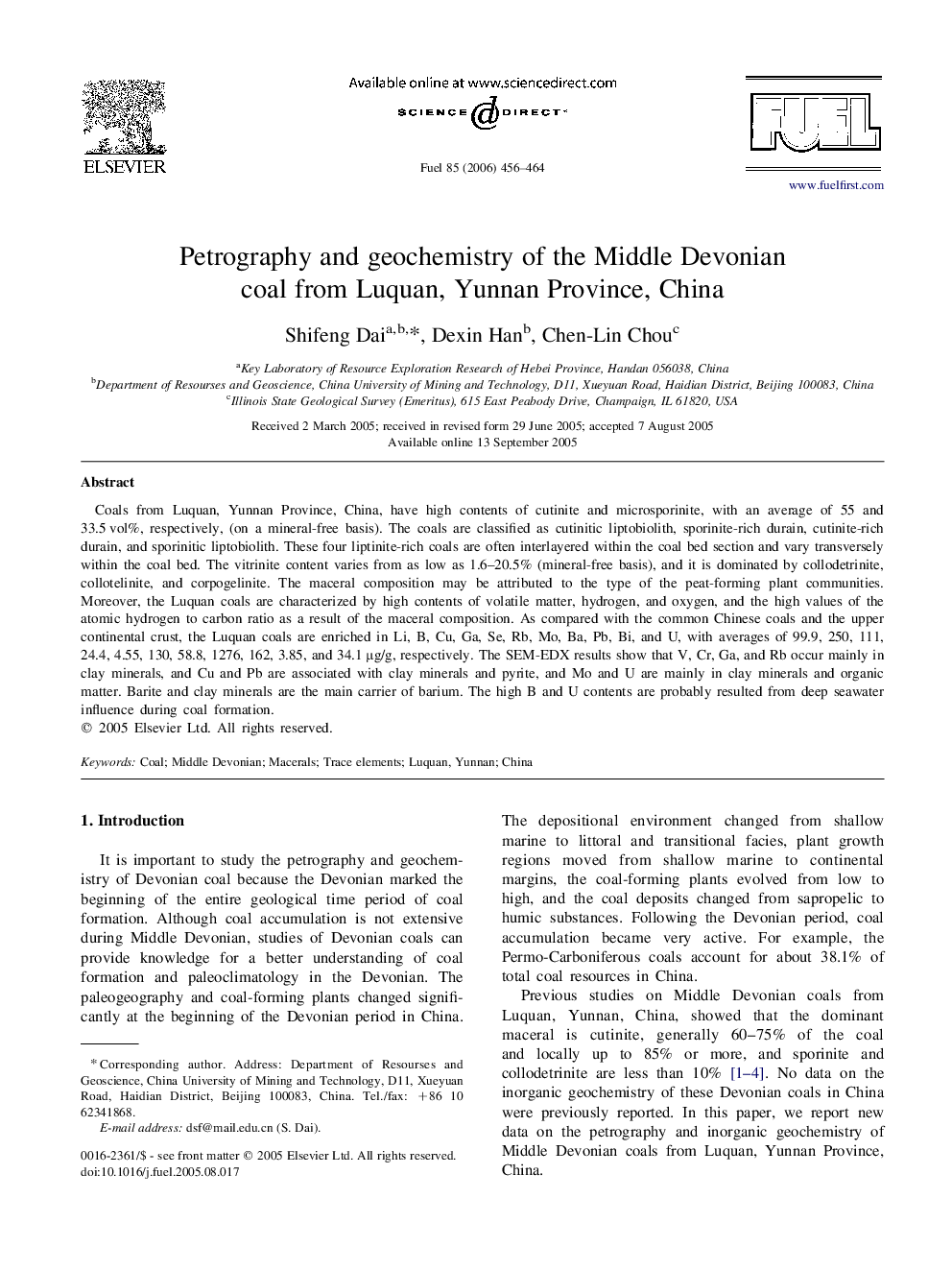 Petrography and geochemistry of the Middle Devonian coal from Luquan, Yunnan Province, China