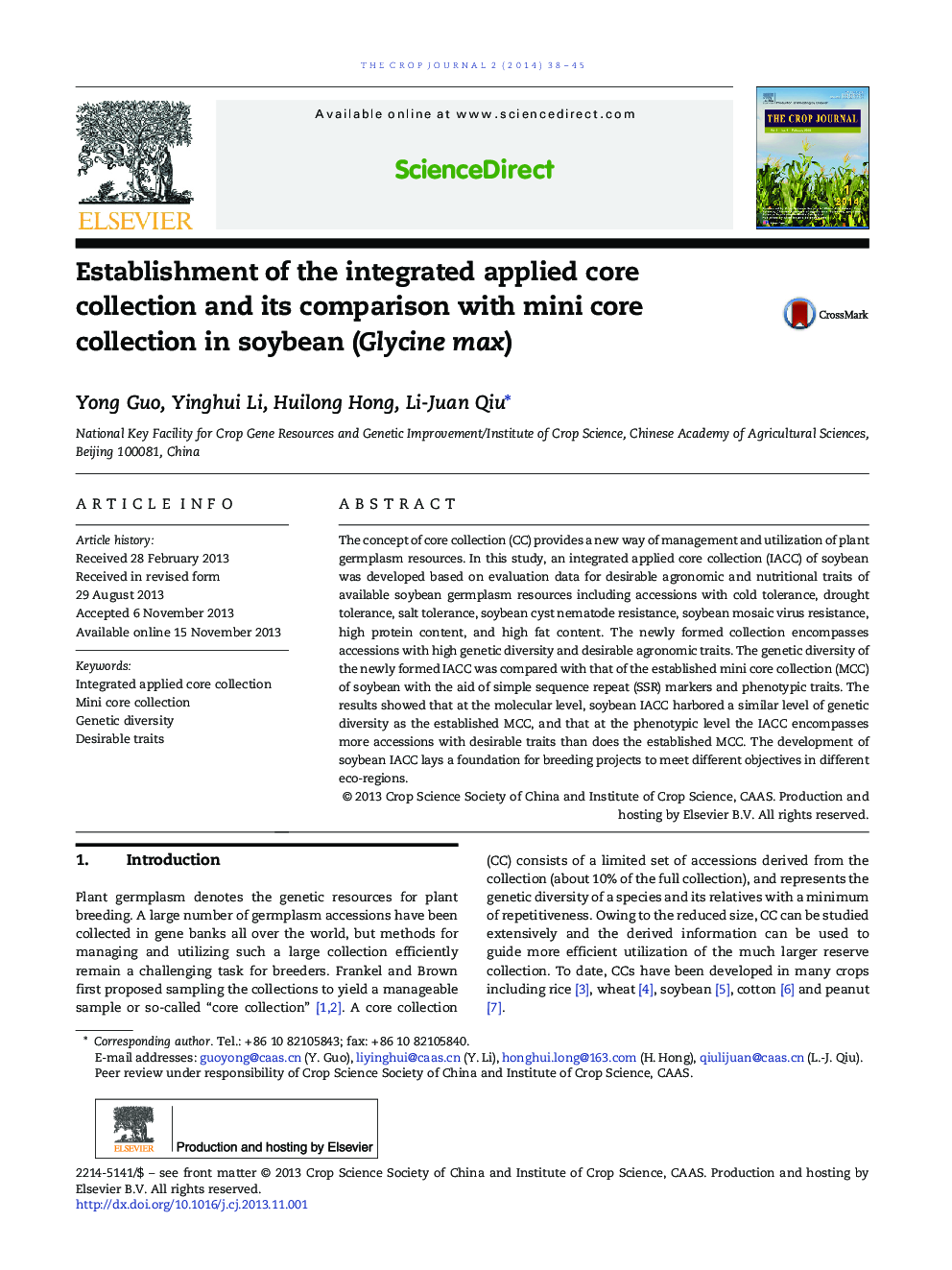 Establishment of the integrated applied core collection and its comparison with mini core collection in soybean (Glycine max) 