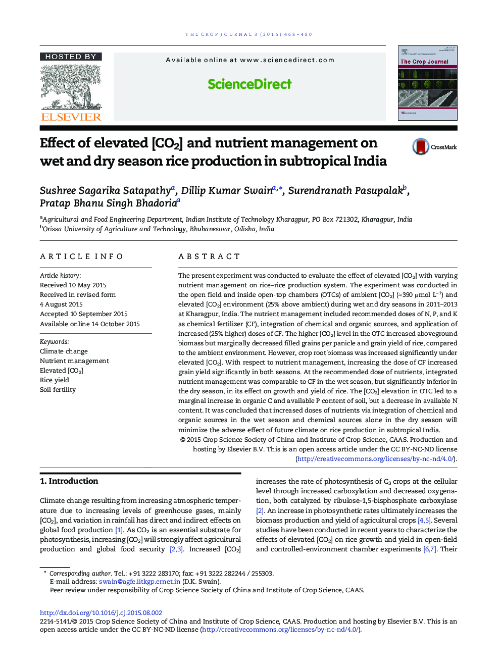 Effect of elevated [CO2] and nutrient management on wet and dry season rice production in subtropical India 