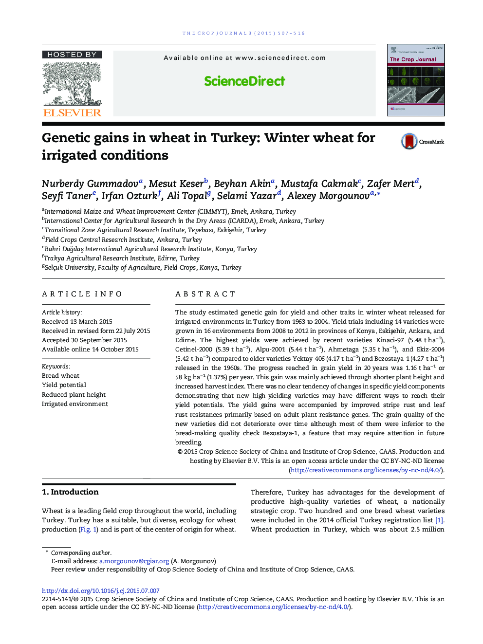 Genetic gains in wheat in Turkey: Winter wheat for irrigated conditions 