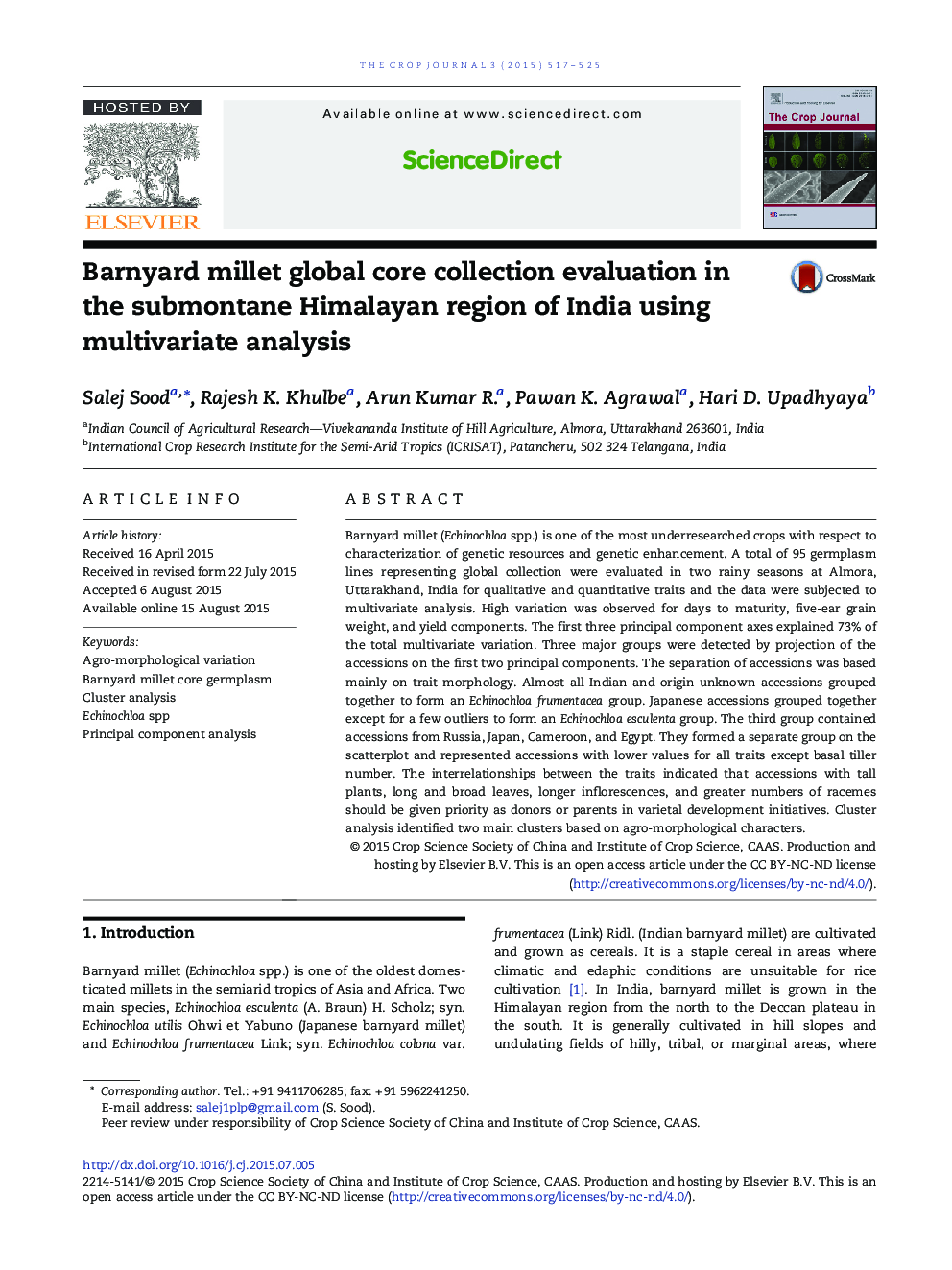 Barnyard millet global core collection evaluation in the submontane Himalayan region of India using multivariate analysis 