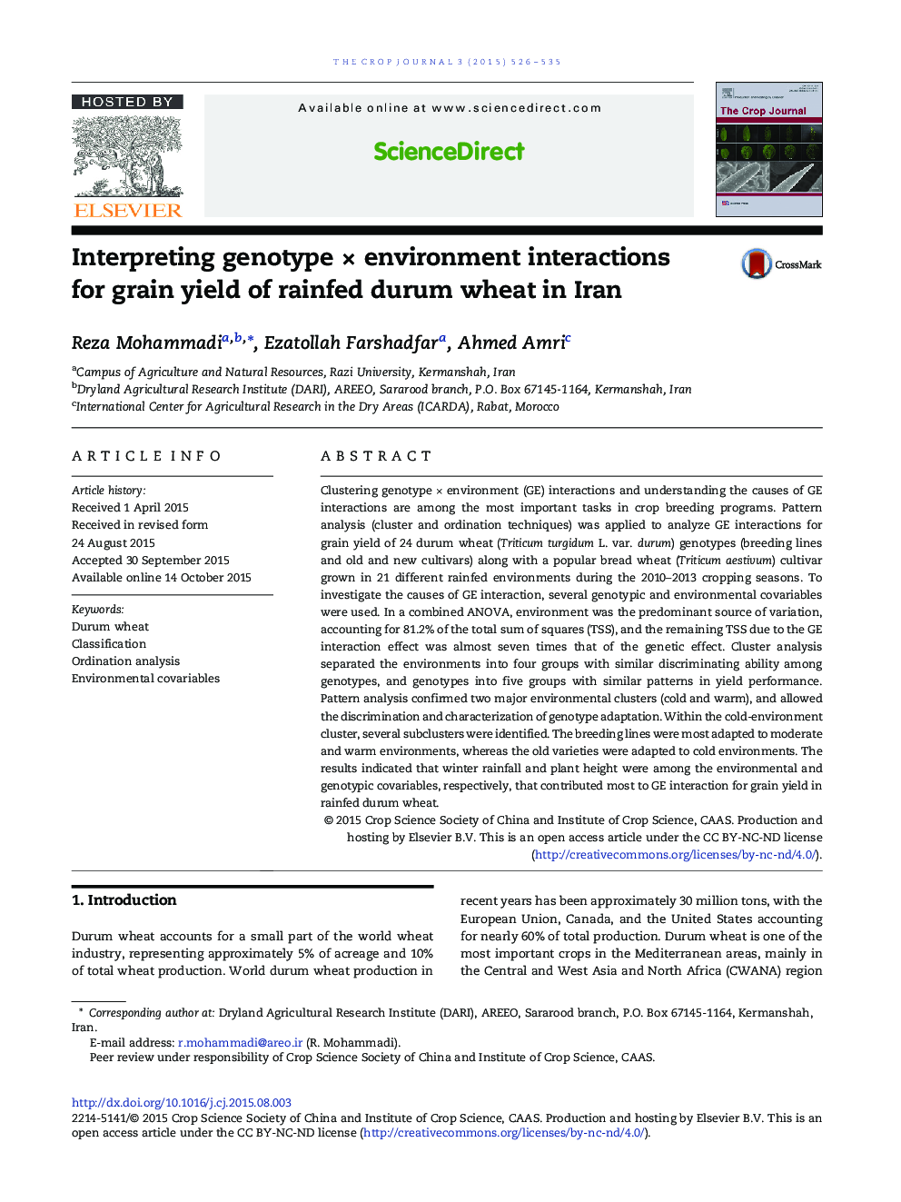 Interpreting genotype × environment interactions for grain yield of rainfed durum wheat in Iran 