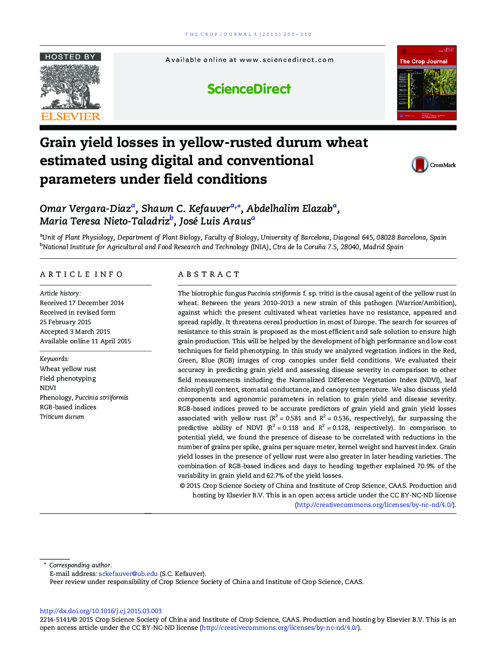Grain yield losses in yellow-rusted durum wheat estimated using digital and conventional parameters under field conditions 