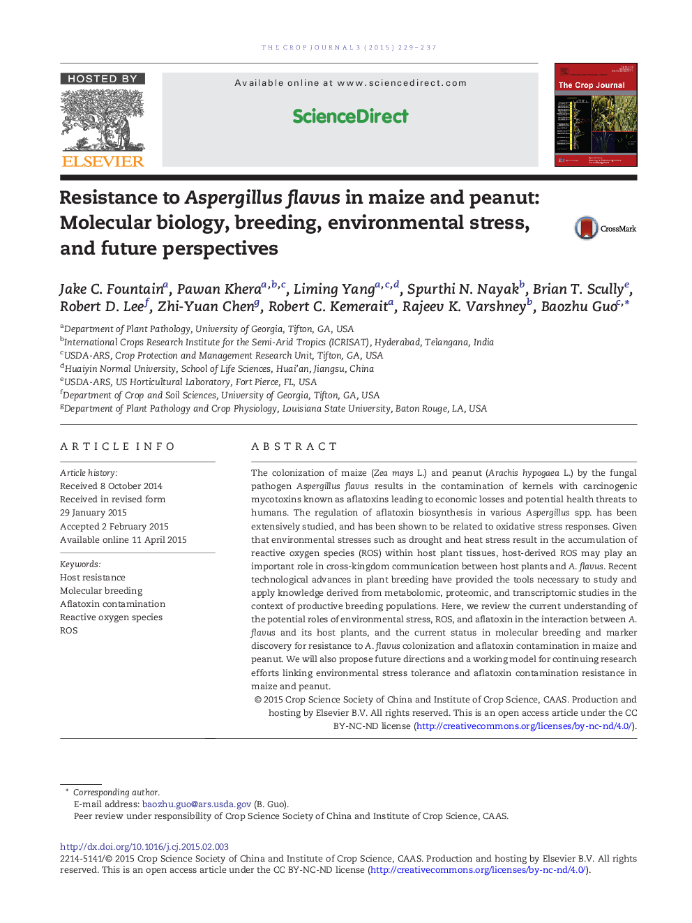 Resistance to Aspergillus flavus in maize and peanut: Molecular biology, breeding, environmental stress, and future perspectives 