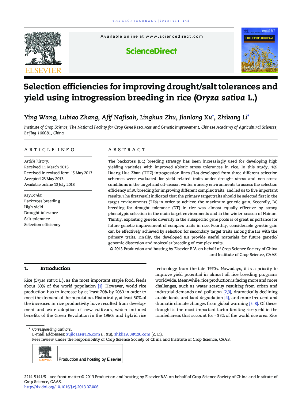 Selection efficiencies for improving drought/salt tolerances and yield using introgression breeding in rice (Oryza sativa L.) 