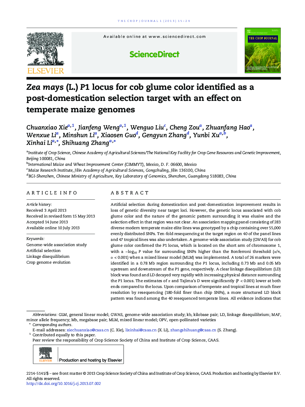 Zea mays (L.) P1 locus for cob glume color identified as a post-domestication selection target with an effect on temperate maize genomes 