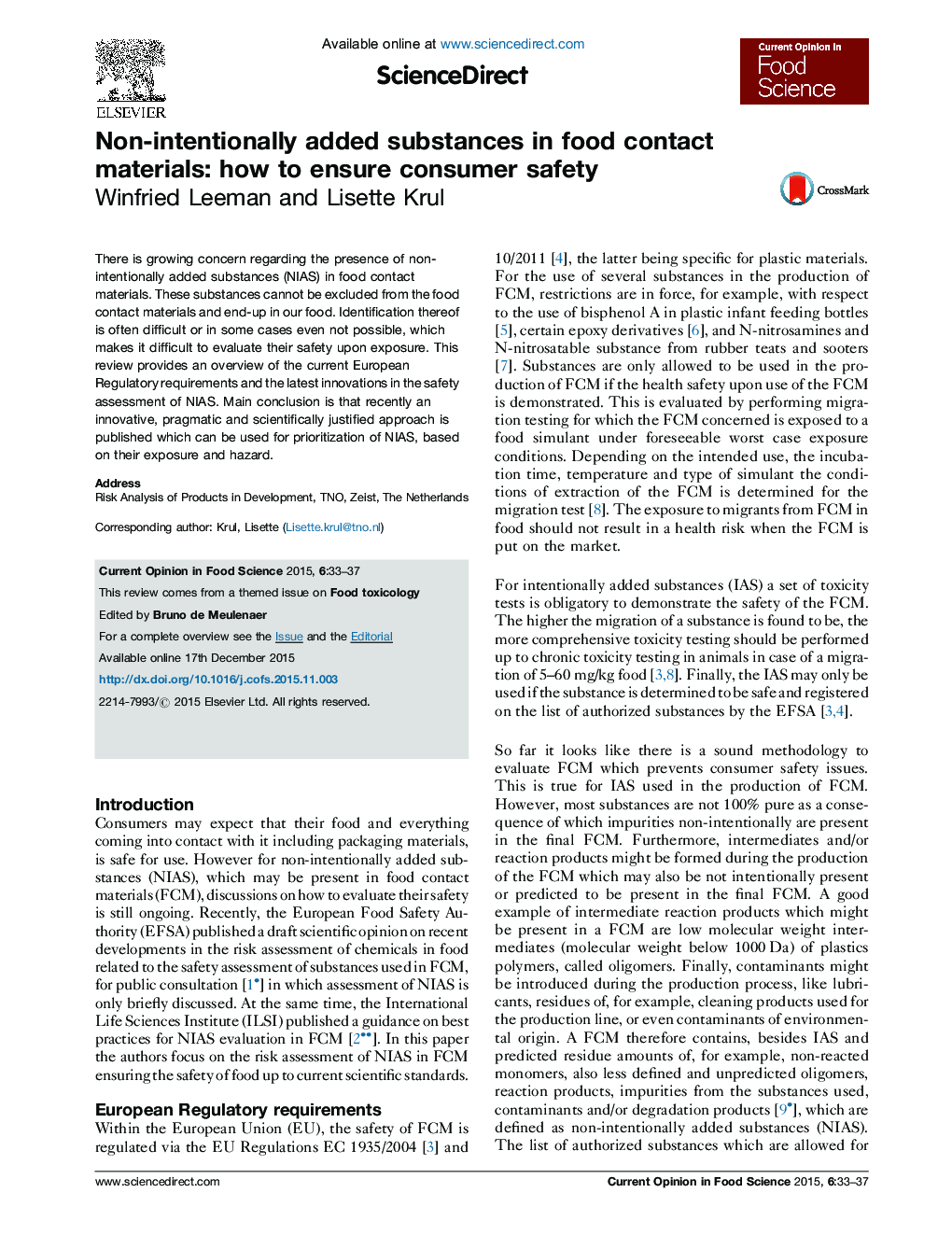 Non-intentionally added substances in food contact materials: how to ensure consumer safety